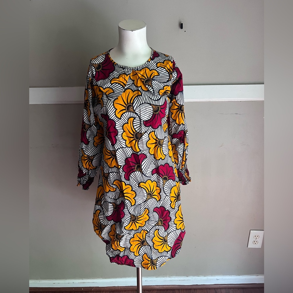 Yellow & Magenta Floral Mini Dress with Long Sleeves